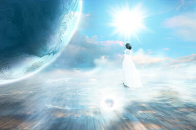 Woman in white dress, standing in space - To illustrate a blog post titled How Can I Find a Spiritual Teacher Near Me - by Channelling LovePicture